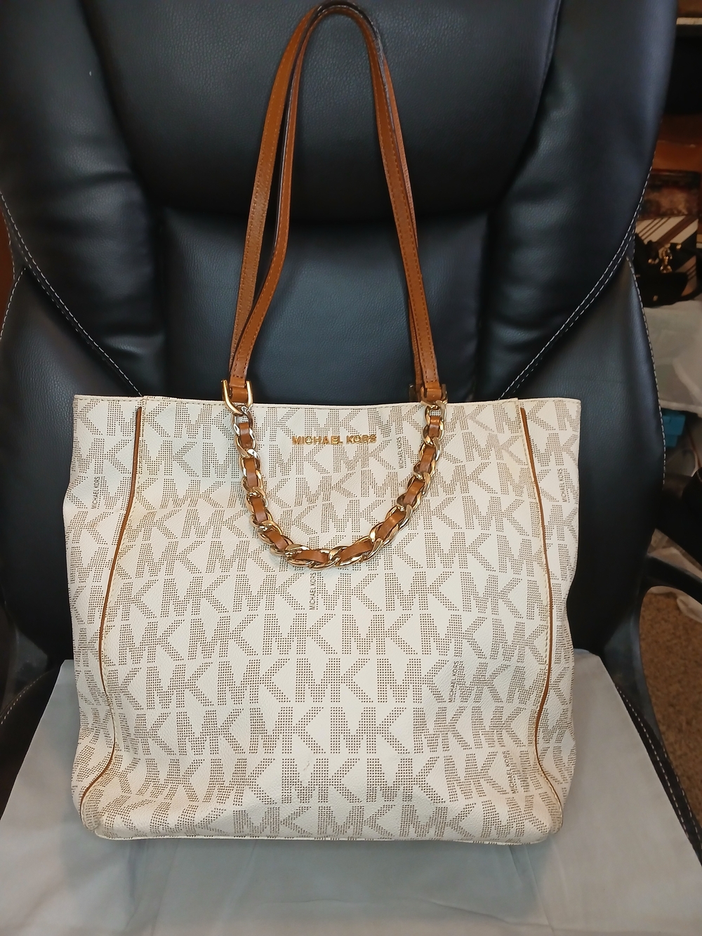 Michael Kors Cream & Brown Logo Chain-Accent Tote